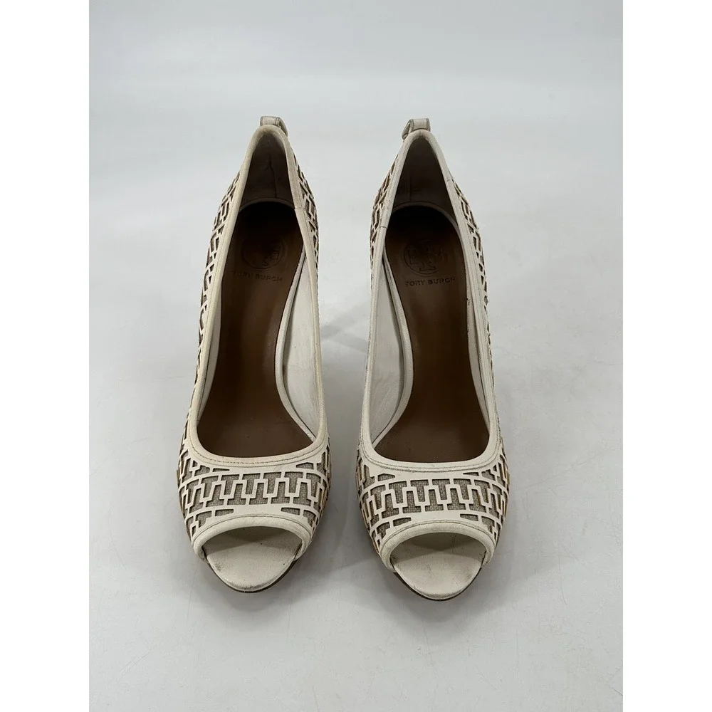 TORY BURCH‎ REGAN LEATHER WHITE OFF HEEL PUMP OPEN TOE SIZE 10.5